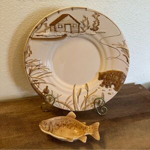 Cracker Barrel Hidden Cove 14" Platter - Bears Fish Cabin Lake Rare Vintage 2pc